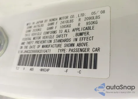 2009 Acura Tsx из США, поврежденный, VIN JH4CU26669C010471